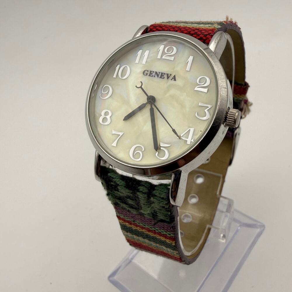 Geneva Tribal Weave Watch - Silver Tone Mother-of-Pearl Dial Working New Battery